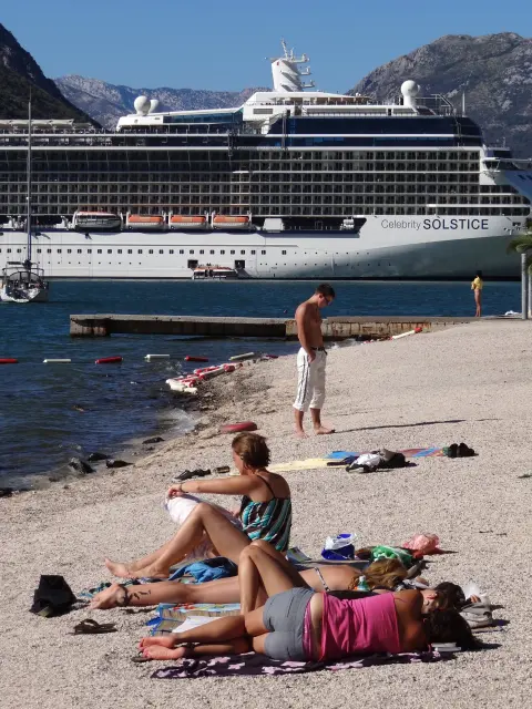 Sunbathers with Celebrithy Solstice Liner at Rear - Kotor - Montenegro